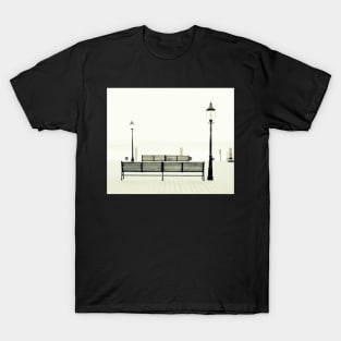 Benches On The Pier In Black And White T-Shirt